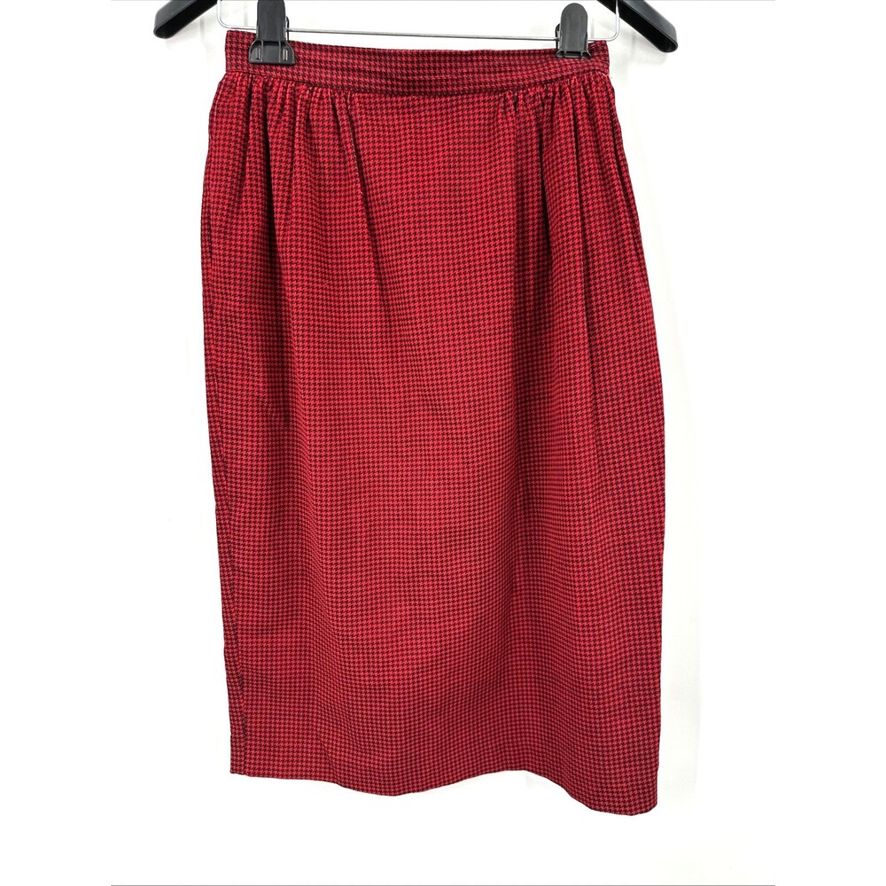 Vtg. Skirt 8 Red Black Houndstooth Pleat Below Knee Preppy 80s Secretary School